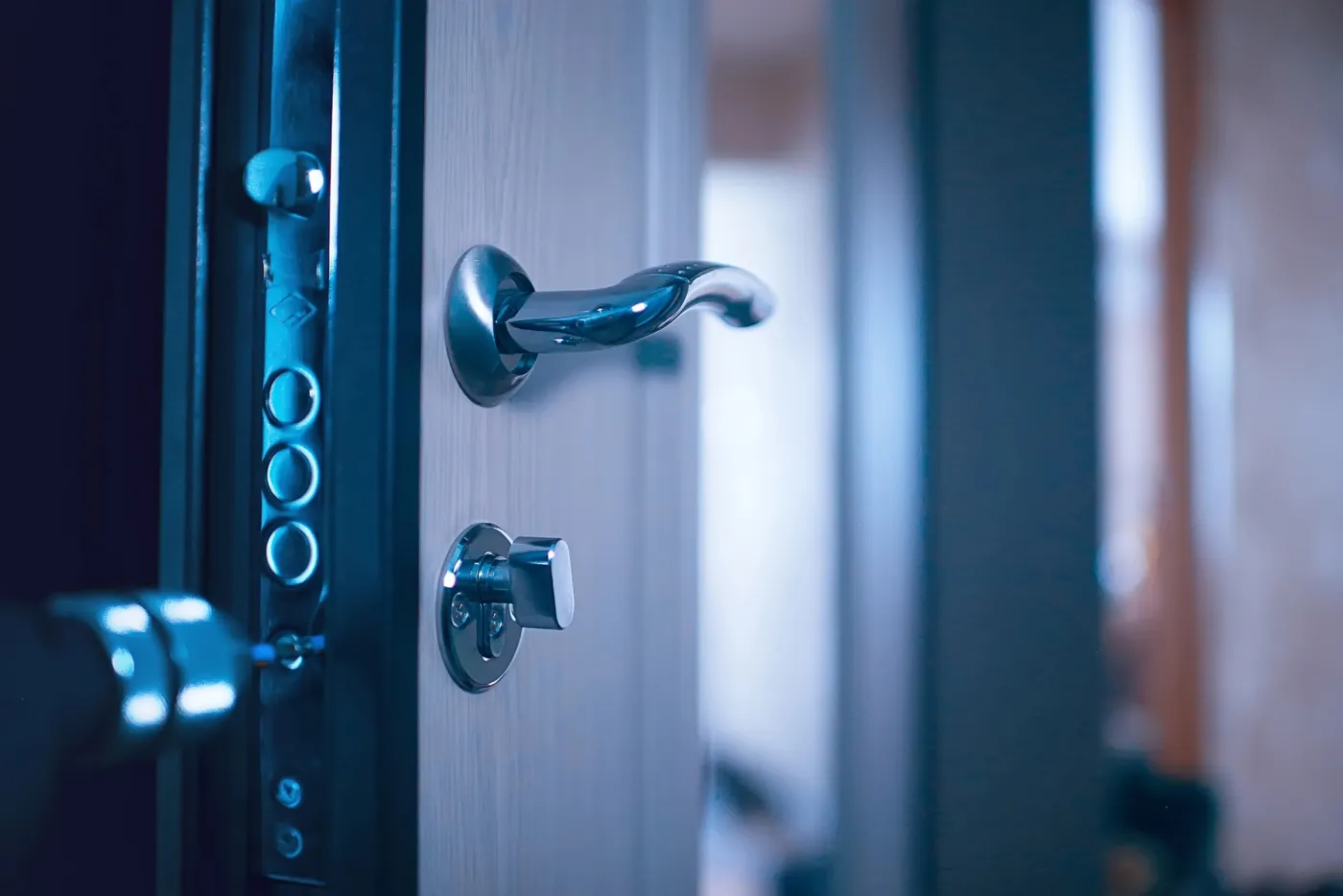 Détail d'une porte blindée avec serrure multipoints et pênes latéraux